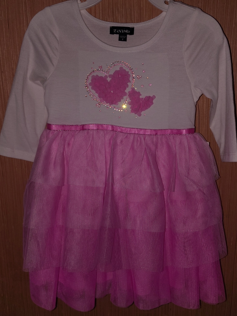 Zunie White and Pink Long Sleeve Tulle Heart Dress Top